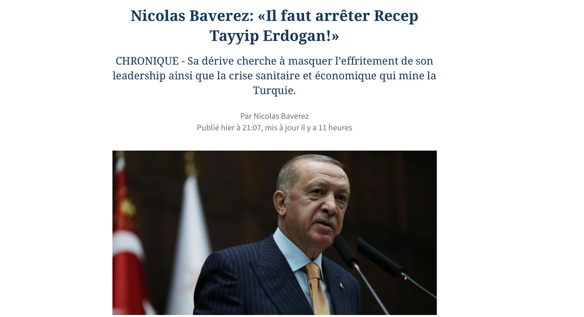The Le Figaro article by Nicolas Baverez says Europe should stop Turkish accession to the EU. (Screenshot)