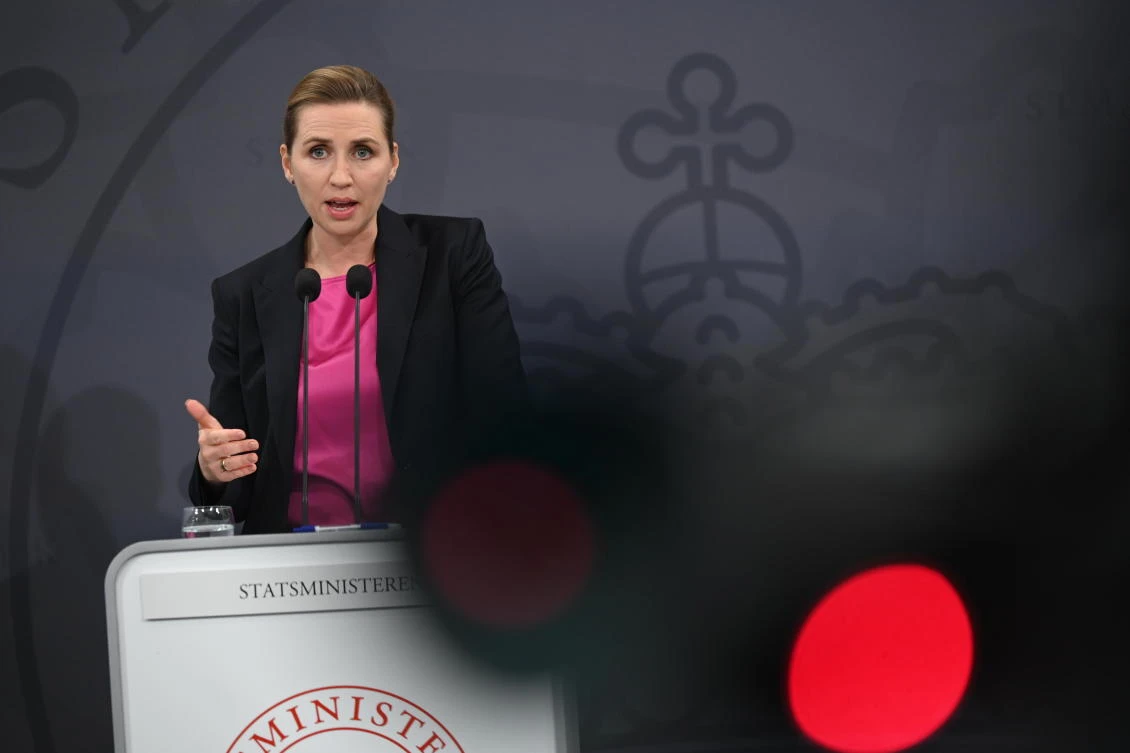Denmark's Prime Minister Mette Frederiksen addresses a press conference in the Prime Minister's Office in Copenhagen, Denmark, on November 5, 2020. (AFP)