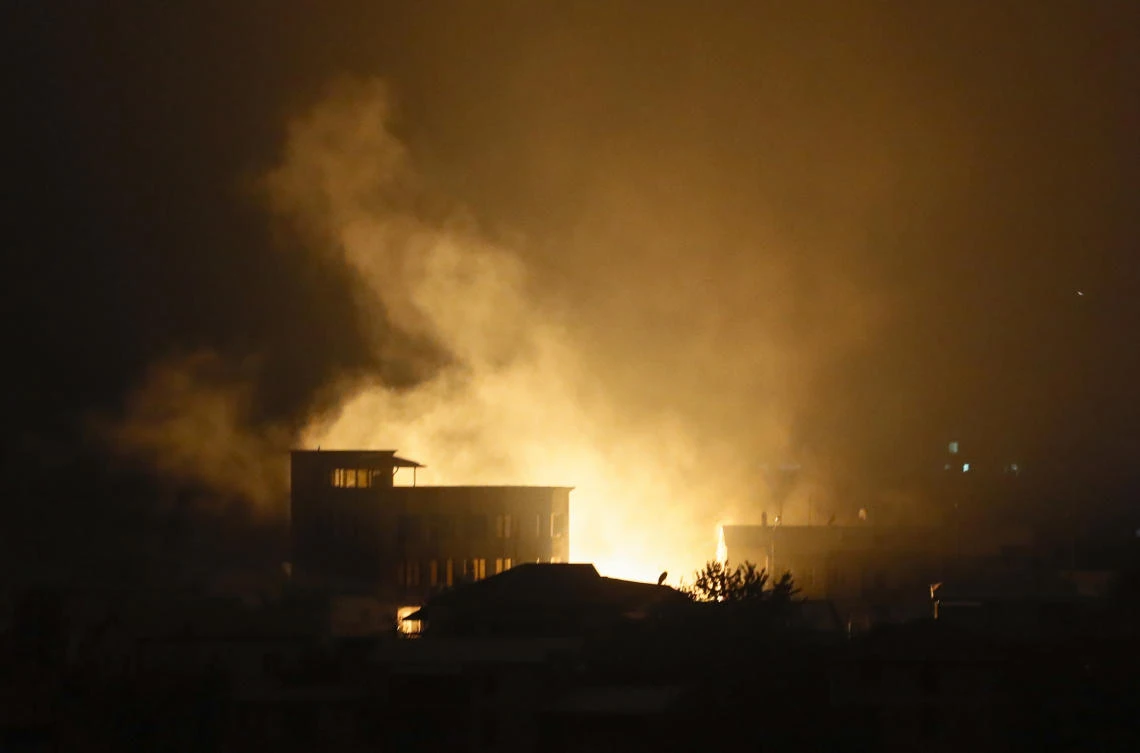 Smoke and fire are seen after shelling by Azerbaijan's artillery in Stepanakert, the separatist region of Nagorno-Karabakh, Tuesday, Nov. 3, 2020. (AP)