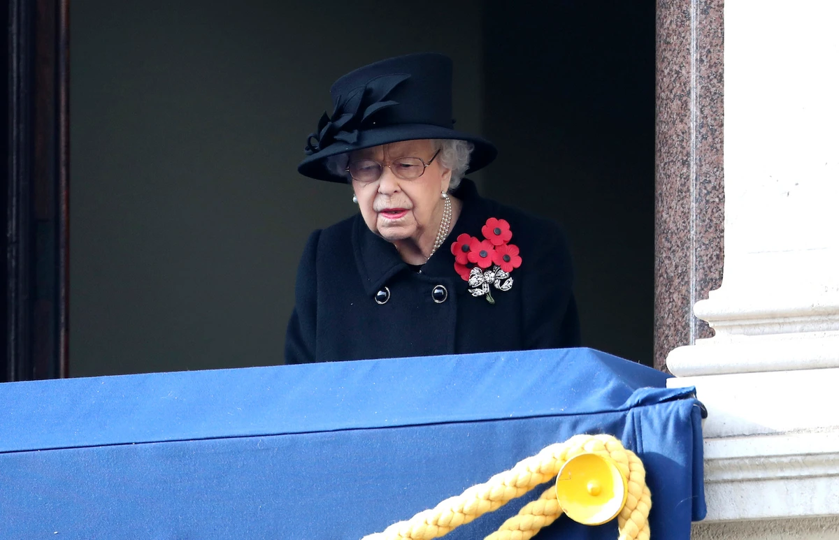 Britain's Queen Elizabeth II stands on the balcony of the Foreign Office, during the Remembrance Sunday service at the Cenotaph, in Whitehall, London, Sunday Nov. 8, 2020. (AP)