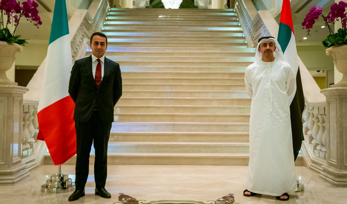 A handout image provided by United Arab Emirates News Agency (WAM) on November 9, 2020 shows UAE Foreign Minister Sheikh Abdullah bin Zayed Al-Nahyan (R) meeting with Italy's Foreign Minister Luigi Di Maio, in Abu Dhabi. (AFP)