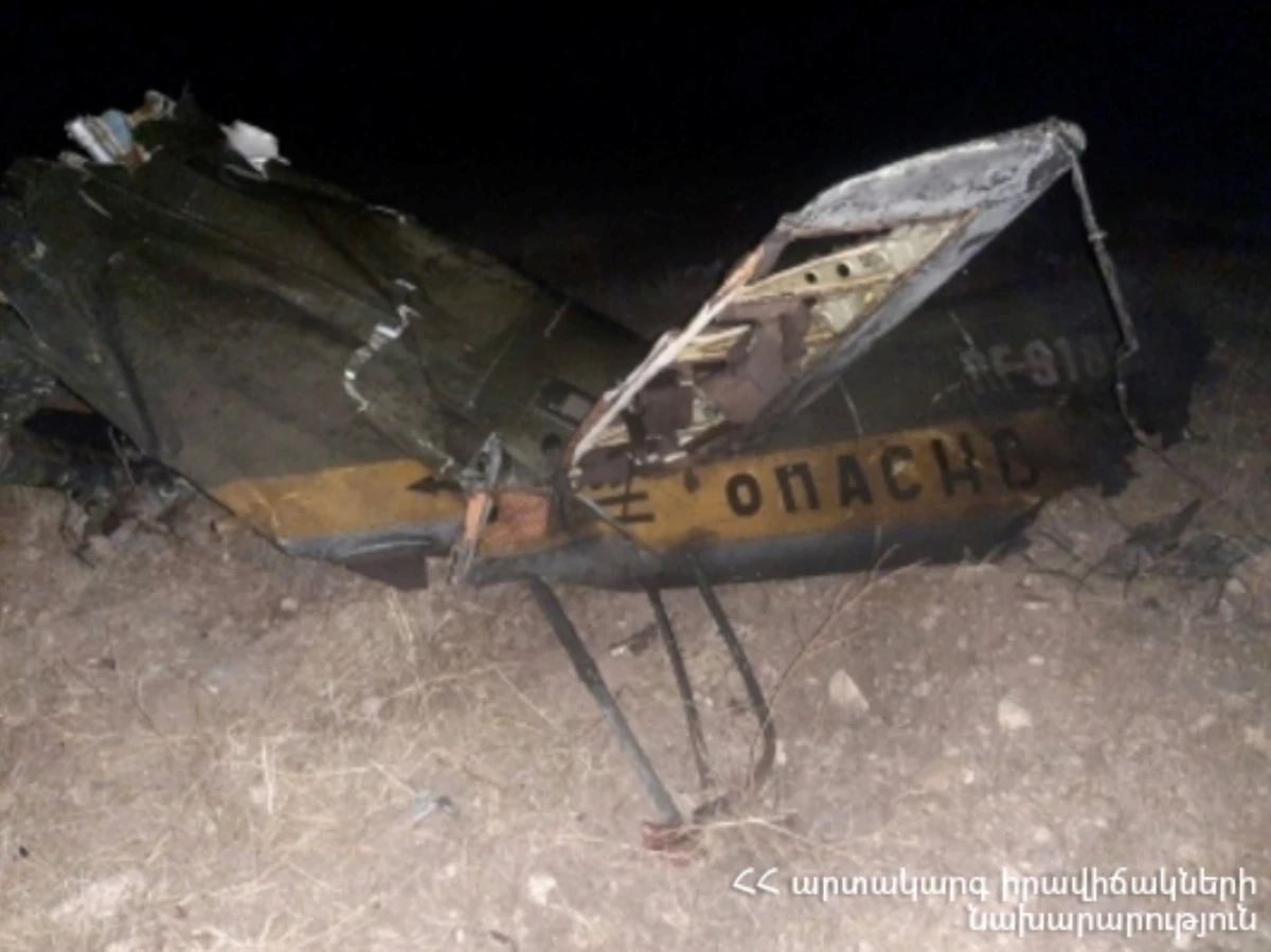 A view shows what is said to be a crash site following the downing of a Russian military Mi-24 helicopter at an unknown location in Armenia, in this handout photo released November 9, 2020. (Reuters/Ministry of Emergency Situations of the Republic of Armenia)