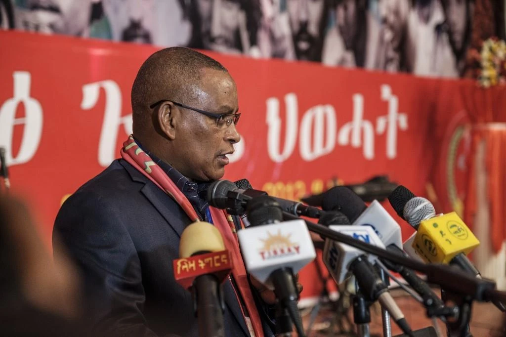 Chairman of the Tigray People's Liberation Front (TPLF) Debretsion Gebremichael delivers a speech during the TPLF First Emergency General Congress in Mekelle, Ethiopia, on January 4, 2020. (File/AFP)