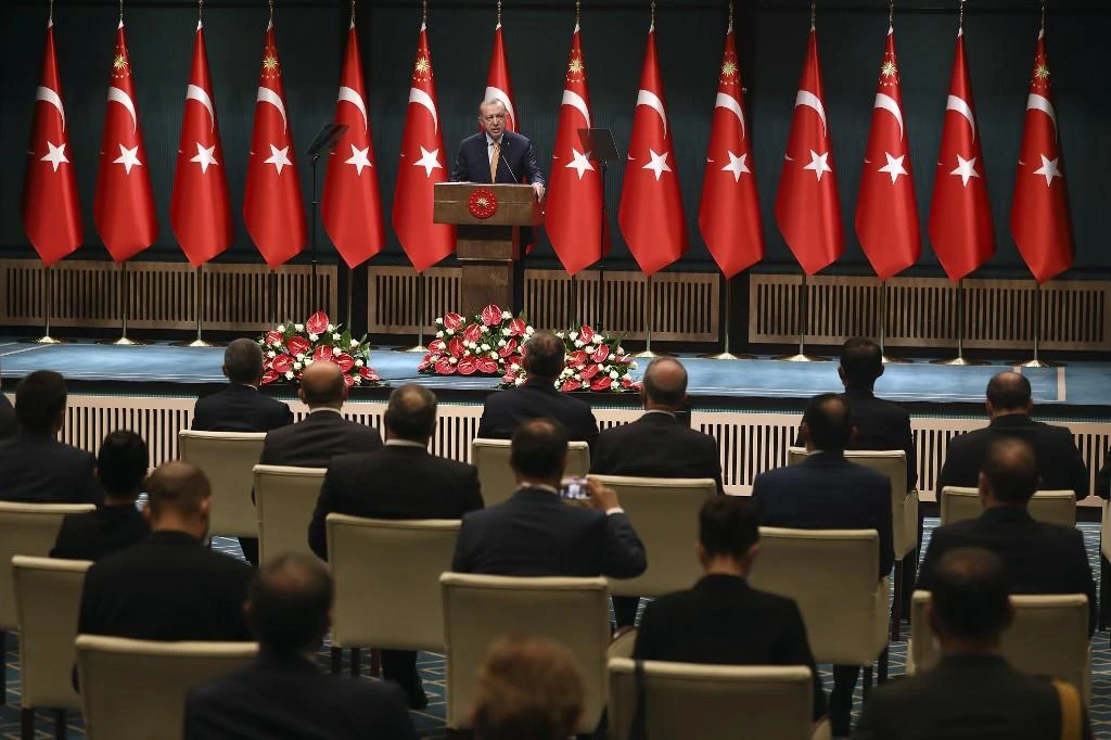 Turkish President Recep Tayyip Erdogan presents statements following the Cabinet Meeting at the Presidential Complex in Ankara. (File/AFP)