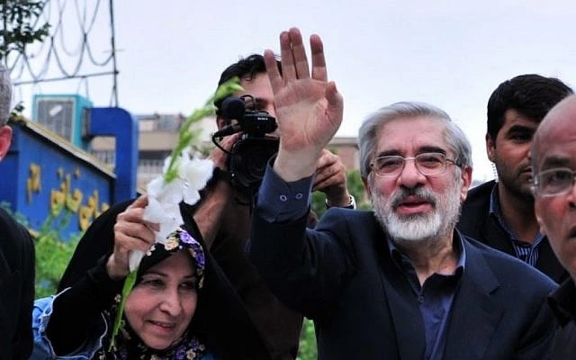 Iranian opposition leader Mir Hossein Mousavi at a rally in Tehran, 2009 (photo credit: Wikimedia Commons)