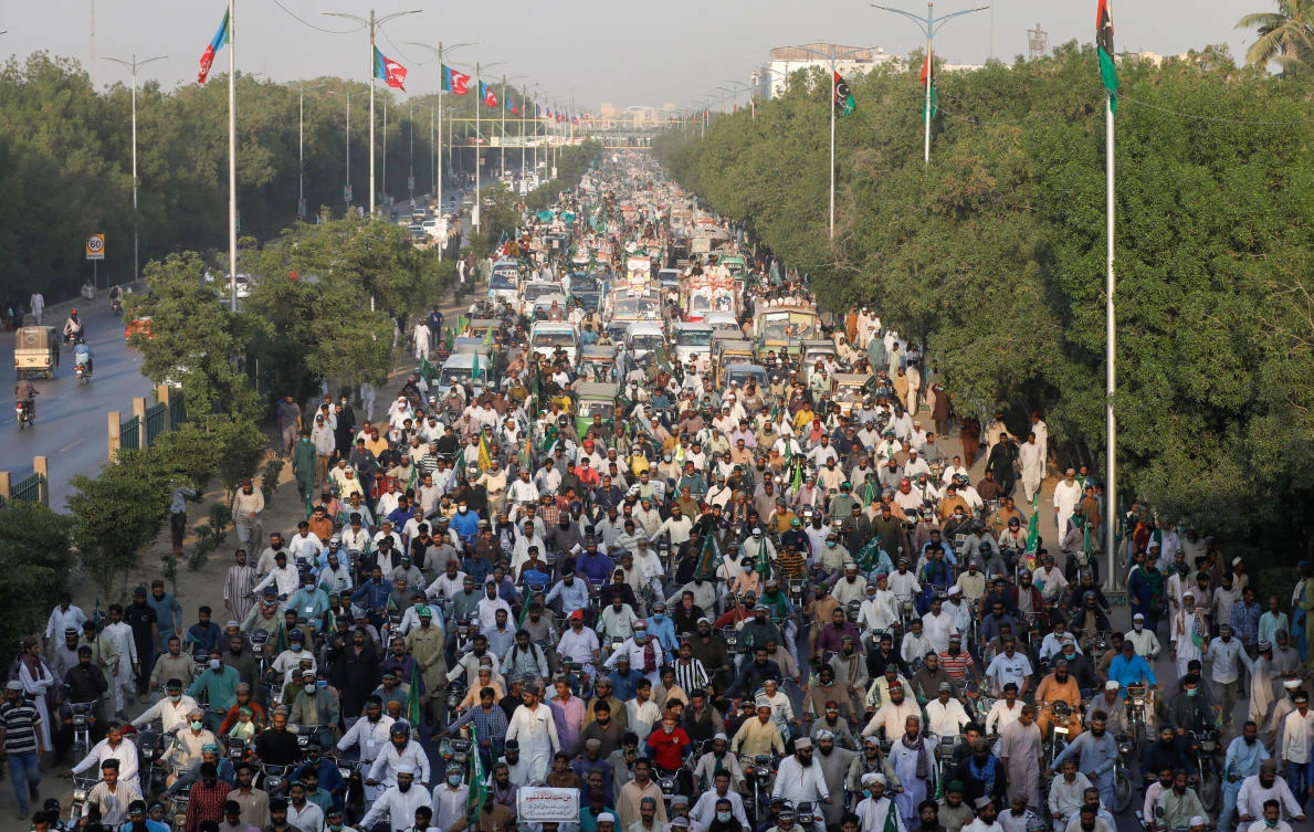 Thousands of Islamists earlier clashed with police on the main road into Pakistan’s capital city following protests over the recent use of cartoons of the Prophet in France. (Reuters)