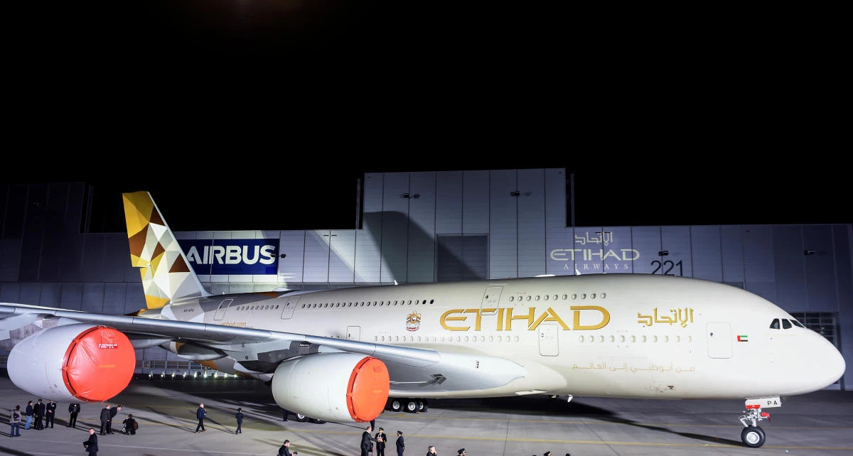 An Airbus A380 rolls out of a paint hangar during a branding ceremony of Etihad Airways, the national airline of the United Arab Emirates, in Hamburg-Finkenwerder, September 25, 2014. (Reuters)
