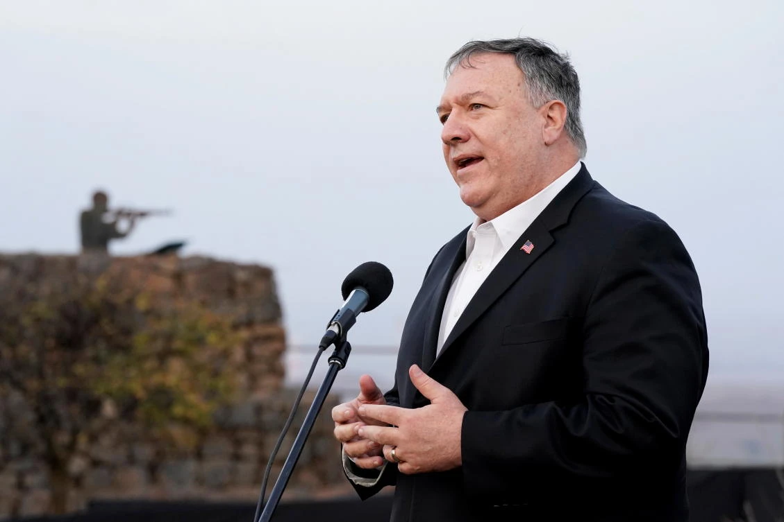 US Secretary of State Mike Pompeo speaks after a security briefing on Mount Bental in the Israeli-occupied Golan Heights November 19, 2020. (Reuters)