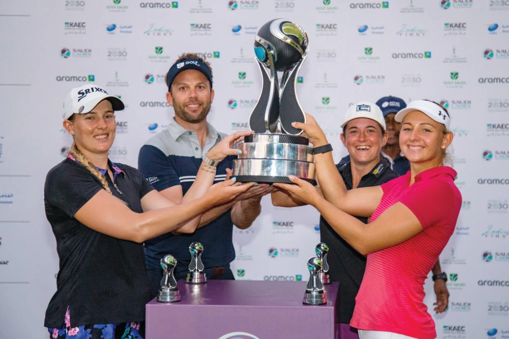 Team Pedersen with the champion trophy during the awards ceremony in the Saudi Ladies Team International at Royal Greens Golf & Country Club. (Supplied)