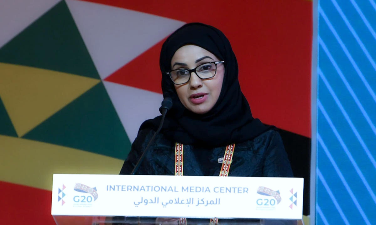 G20 Saudi Secretariat member Reem Al-Faryan speaks at a media briefing on November 20,2020. (AN Photo/Basheer Saleh)