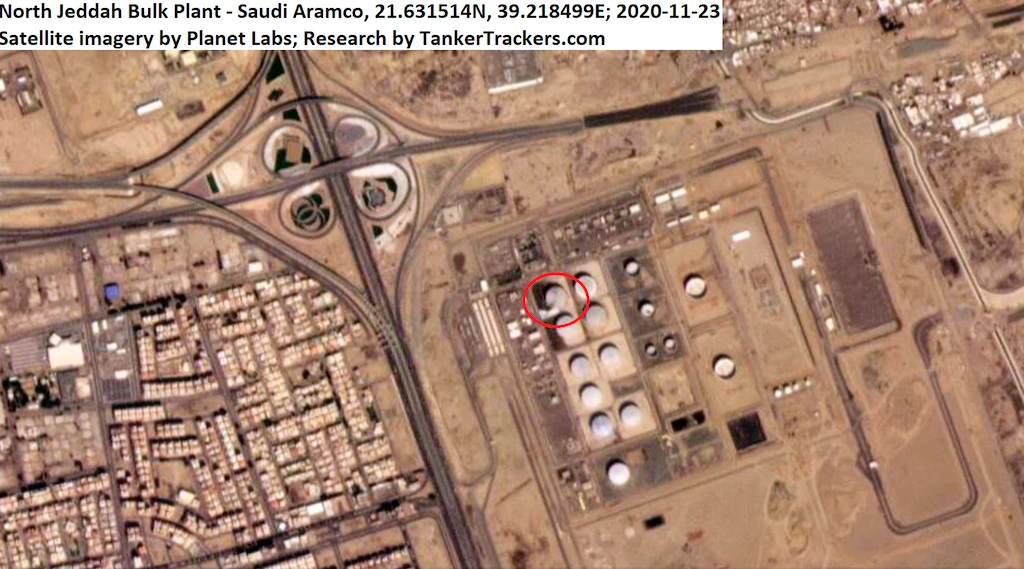 This Monday, Nov. 23, 2020 satellite image from Planet Labs Inc. annotated by TankerTrackers.com, shows a damaged tank and fire-suppressing foam on the ground at a Saudi Arabian Oil Co. facility in Jiddah, Saudi Arabia. (AP)