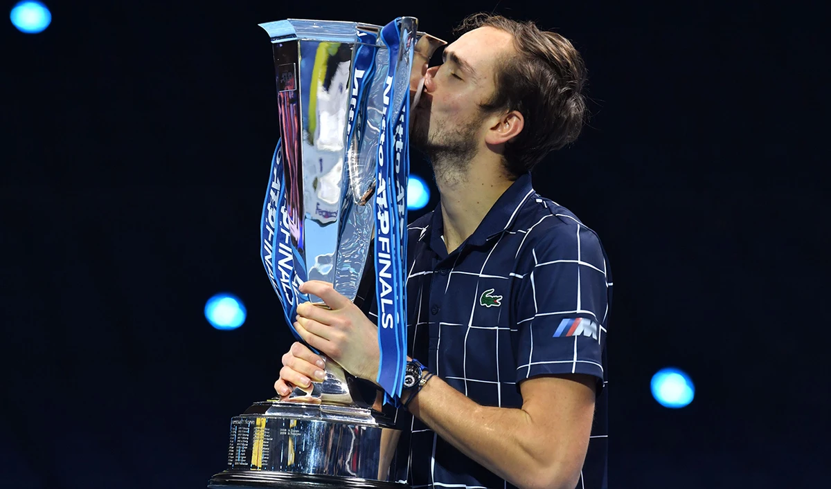 Daniil Medvedev of Russia after defeating Dominic Thiem of Austria in the final of the ATP World Finals tennis match at the O2 arena in London Sunday. (AFP)