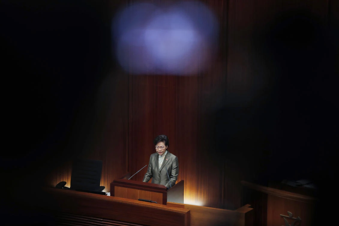 Hong Kong leader Carrie Lam made the comments in her annual policy address, more than a month after it was postponed. (AP)