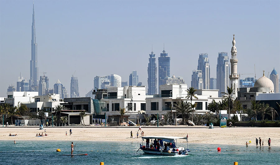 This picture taken on February 1, 2020 shows a view from La Mer North marina in Dubai, with the Burj Khalifa and the Dubai skyline seen in the background. (AFP)