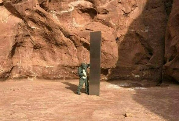 A video grab from the Utah Department of Public Safety Aero Bureau shows a mysterious metal monolith that was discovered in Utah. (Utah Department of Public Safety via AFP)