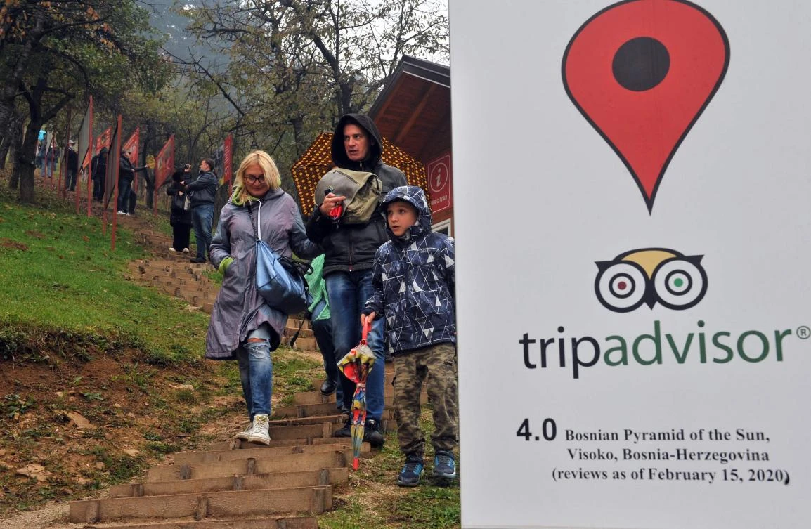 Visitors walk as they make the tour of the so-called Bosnian Valley of Pyramids in the central-Bosnian town of Visoko on Oct. 24, 2020. (AFP)