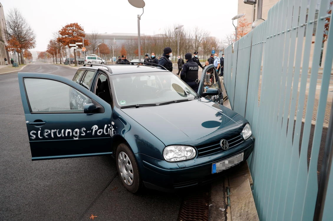 A car crash into the gate of the office of German Chancellor Angela Merkel in Berlin, Germany, Nov. 25, 2020. (Reuters)