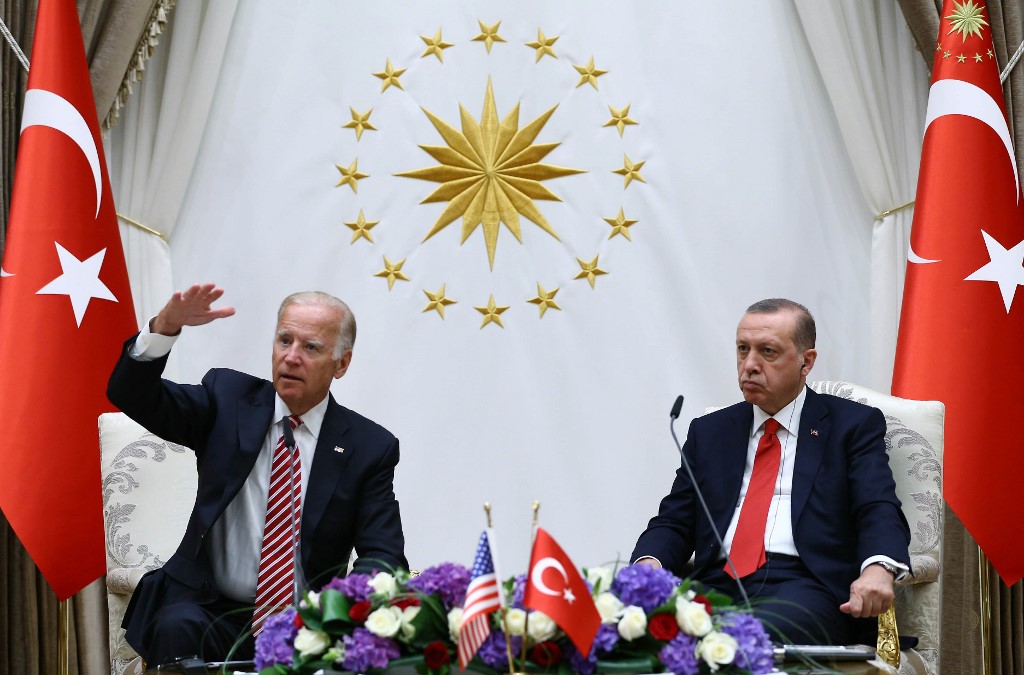 US President-elect Joe Biden and Turkish President Recep Tayyip Erdogan speak during a press conference at the Turkish Presidential Complex in Ankara. (File/AFP)