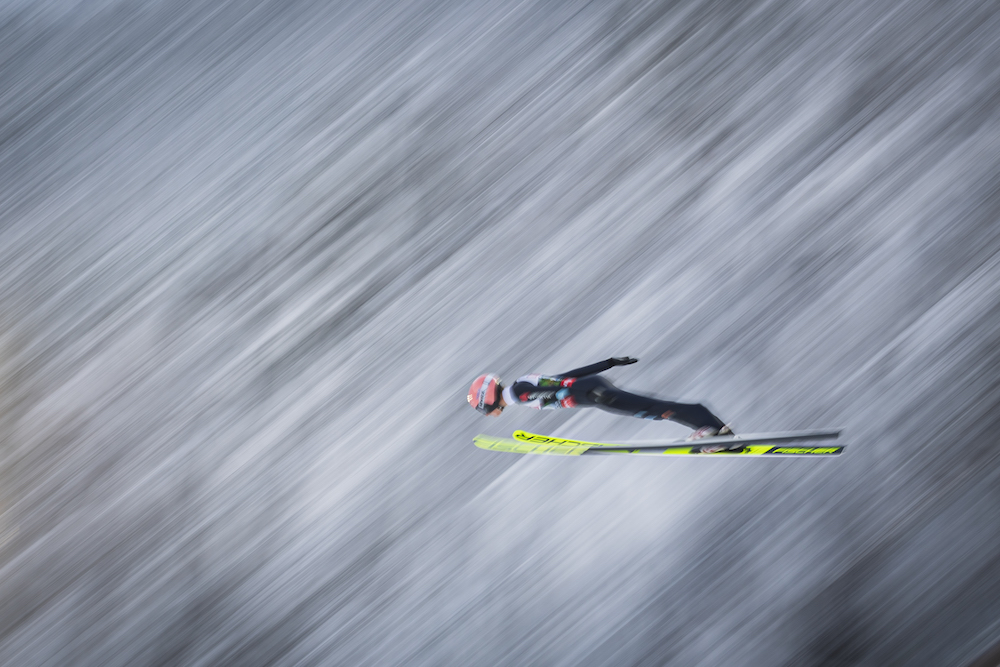 Karl Geiger of Germany competes during the trial round of the Men Flying Hill Individual World Championships in Planica, on December 12, 2020. (AFP)