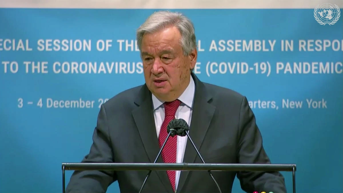 UN Secretary General Antonio Guterres speaks during the UNGA's special session to discuss the response to COVID-19 on Dec. 3,2020, at UN headquarters, in New York. (AP)