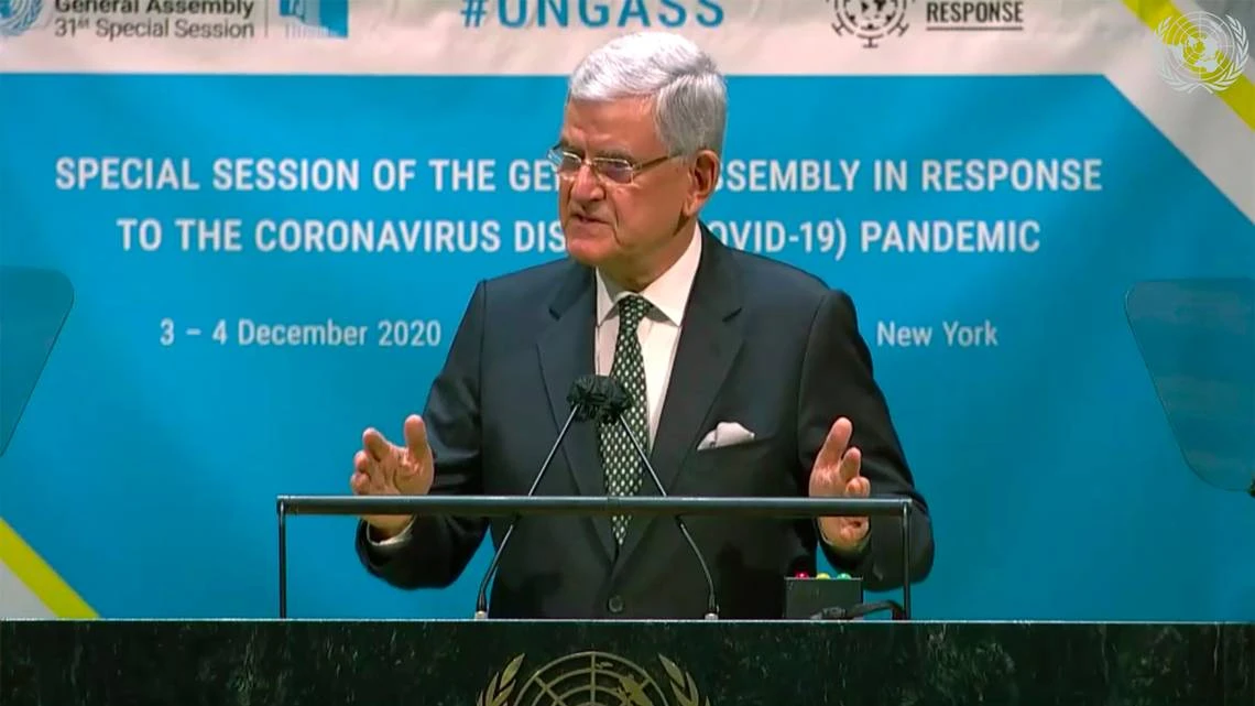United Nations General Assembly President Volkan Bozkır speaks during the U.N. General Assembly's special session to discuss the response to COVID-19 and the best path to recovery from the pandemic. (AP)