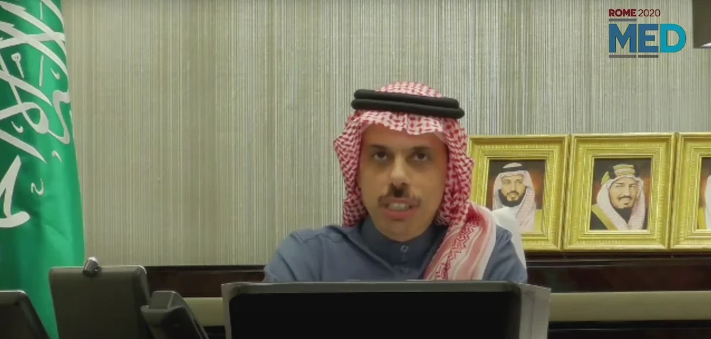 Saudi Arabia’s Foreign Minister Prince Faisal bin Farhan was speaking at the Mediterranean Dialogues Forum (MED) held in Rome, Italy on Dec. 4, 2020. (Screengrab)