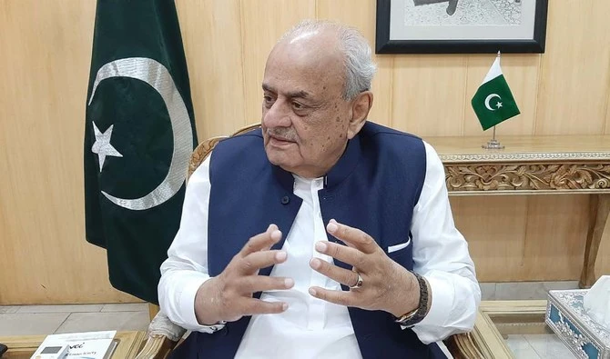 Pakistan’s Interior Minister, Brigadier (r) Ijaz Ahmed Shah, speaks Arab News during an interview at his office in Islamabad, Pakistan, on Sept. 2, 2019. (AN photo)