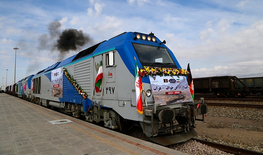 A train moves during the inauguration of a 140-kilometer (90-mile) line running from eastern Iran into western Afghanistan, at a railroad station in Khaf, Iran, Thursday, Dec. 10, 2020. (AP)