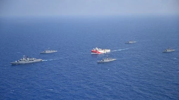 Turkish seismic research vessel Oruc Reis is escorted by Turkish Navy ships as it sets sail in the Mediterranean Sea, off Antalya, Turkey, on August 10, 2020. (Reuters)