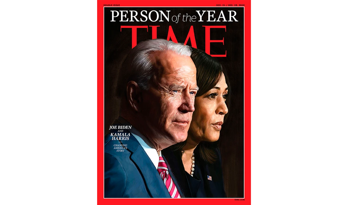 The cover of Time magazine announces the 2020 Person of the Year with a painting of US President-elect Joe Biden and Vice President-elect Kamala Harris. (AFP)