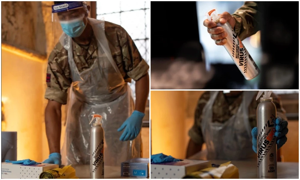A disinfectant spray created by the British Army is to go on general sale after it was found to kill 99.99 percent of coronavirus cells within a minute of coming into contact with them. (Photos: Cpl Adam Wakefield/ British Army)