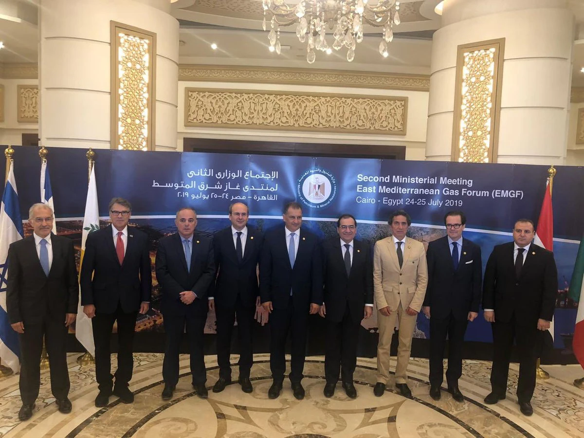 The energy ministers of Egypt, Greece, Italy, Jordan, the Palestinian Authority, Israel, Cyprus join a photo session during the first ministerial forum of the Eastern Mediterranean Natural Gas Forum on Jan. 15, 2019. (Twitter photo)