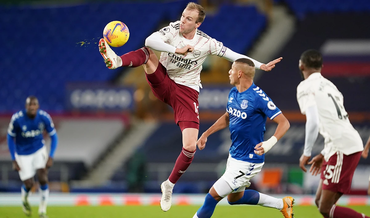 Arsenal’s Rob Holding, left, and Everton’s Richarlison during their English Premier League match on Saturday at Goodison Park in Liverpool. (AP)