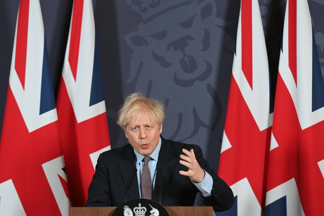 Prime Minister Boris Johnson announce the provisional free-trade agreement between Britain and the European Union on Dec. 24, 2020. (AP)rules, mechanisms for resolving future disputes and fishing rights. (Paul Grover/Pool Photo via AP)