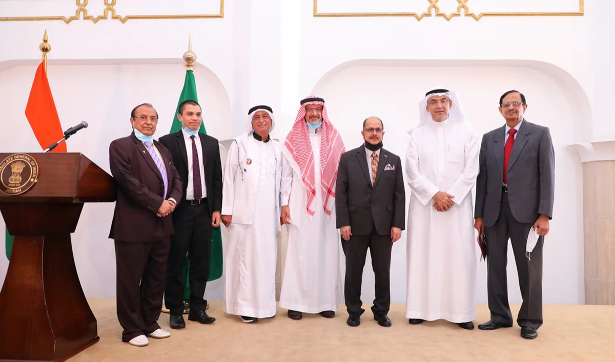Indian Ambassador Dr. Ausaf Sayeed, third right; Dr. Ashraf A. Amir, second right; Acting Consul General Y. Sabir, second left; Dr. M.S. Karimuddin, right; and others.
