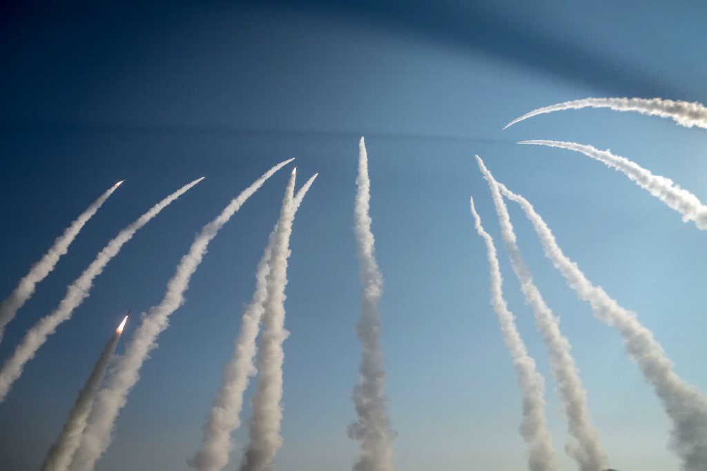 This photo shows the launch of missiles during a military drill in an unknown location in central Iran. (File/AFP)