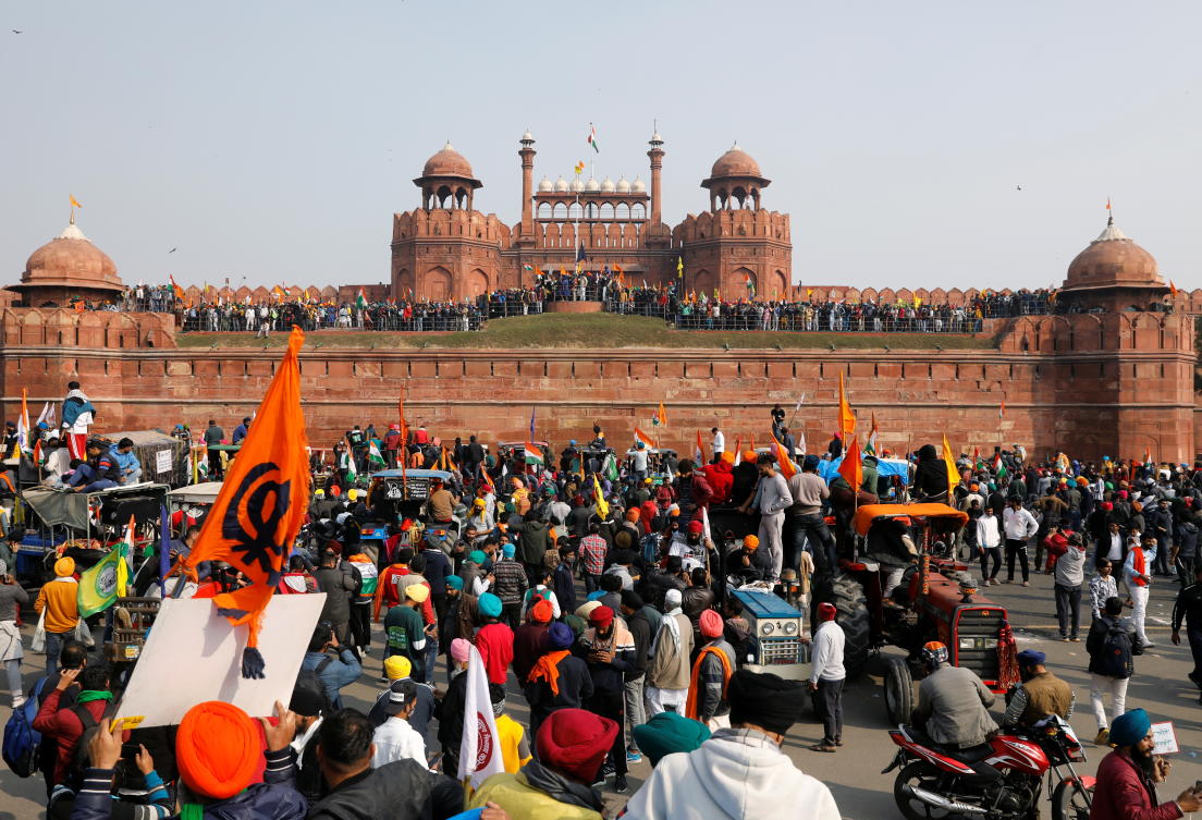 Farmers participate in a protest against farm laws introduced by the government, at the historic Red Fort in Delhi, India, January 26, 2021. REUTERS/Adnan Abidi
