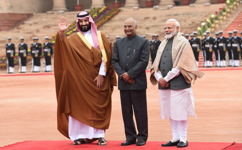 Saudi Crown Prince Mohammed bin Salman with Indian President Ram Nath Kovind and PM Narendra Modi, New Delhi, Feb. 2019. (Getty Images)
