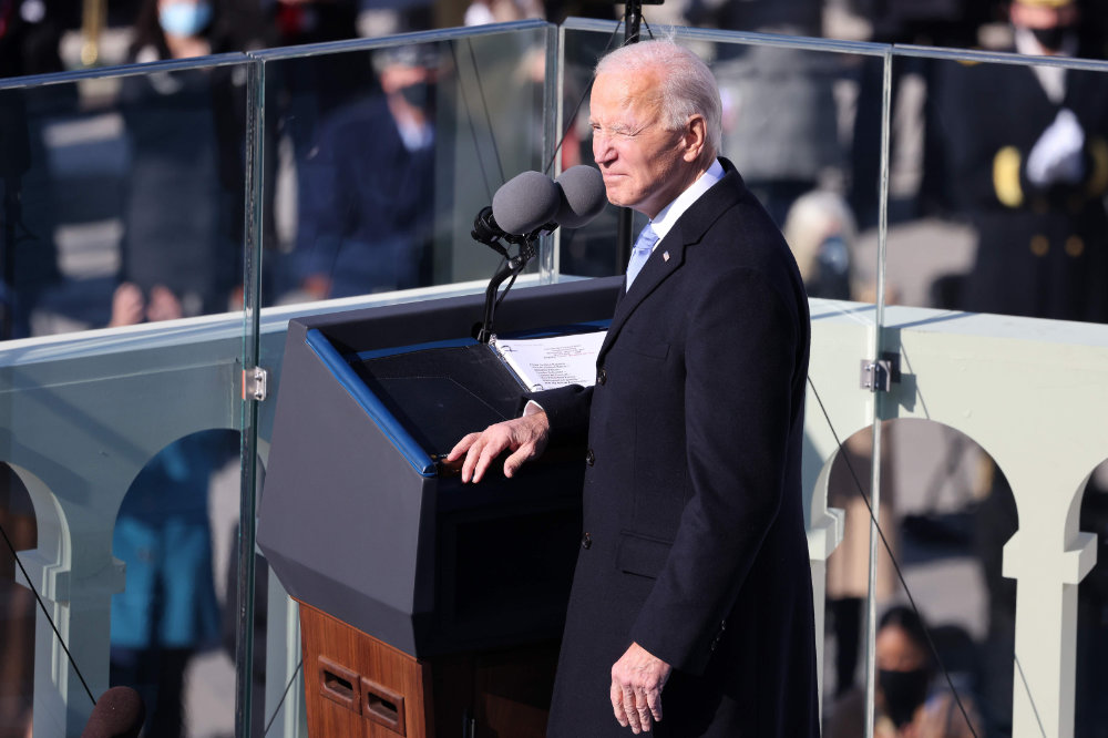 US President Joe Biden reacts as he delivers his inaugural address on the West Front of the US Capitol on January 20, 2021 in Washington, DC. (AFP / POOL / Tasos Katopodis)