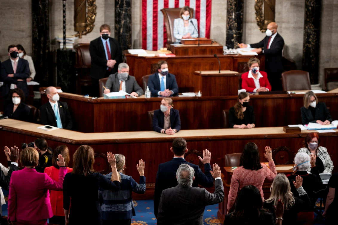 Speaker of the House Nancy Pelosi, D-CA., swears in members on the opening day of the 117th Congress on the opening day of the 117th Congress at the U.S. Capitol in Washington, DC, U.S., January 3, 2021. Bill Clark/Pool via REUTERS