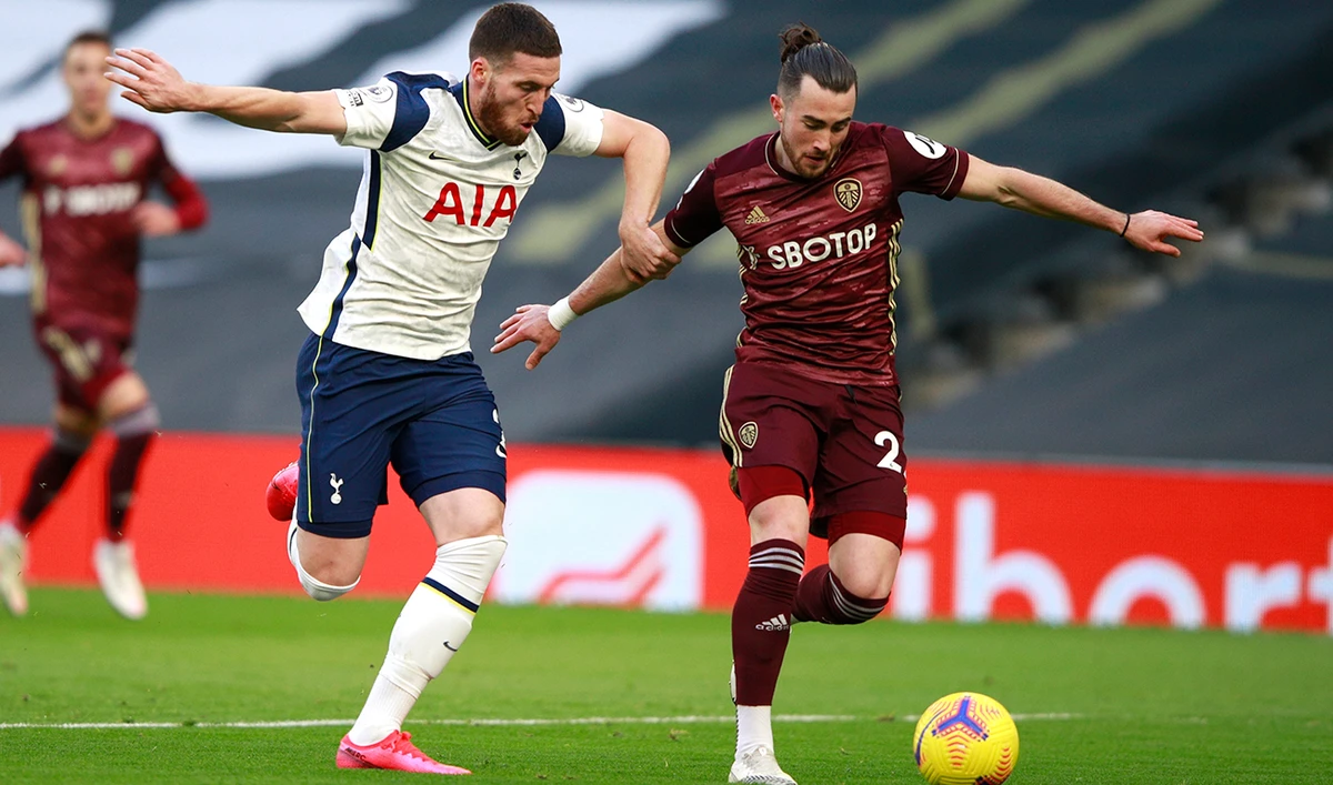 Tottenham’s Matt Doherty, left, and Leeds United’s Jack Harrison in action during their English Premier League match on Saturday. (AP)