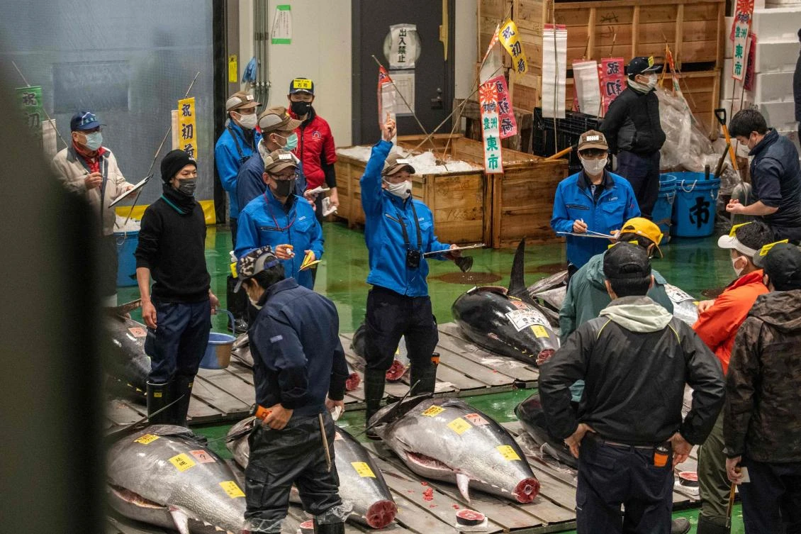 Spectators were not allowed to attend the event, now held at a market called Toyosu after the city’s world-famous fish market relocated there from its old site, Tsukiji, in 2018. (AFP)