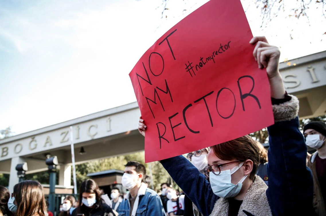 Students of Bogazici University protest against President Tayyip Erdogan’s appointment of a new rector in Istanbul on Jan. 4, 2021. (Reuters)