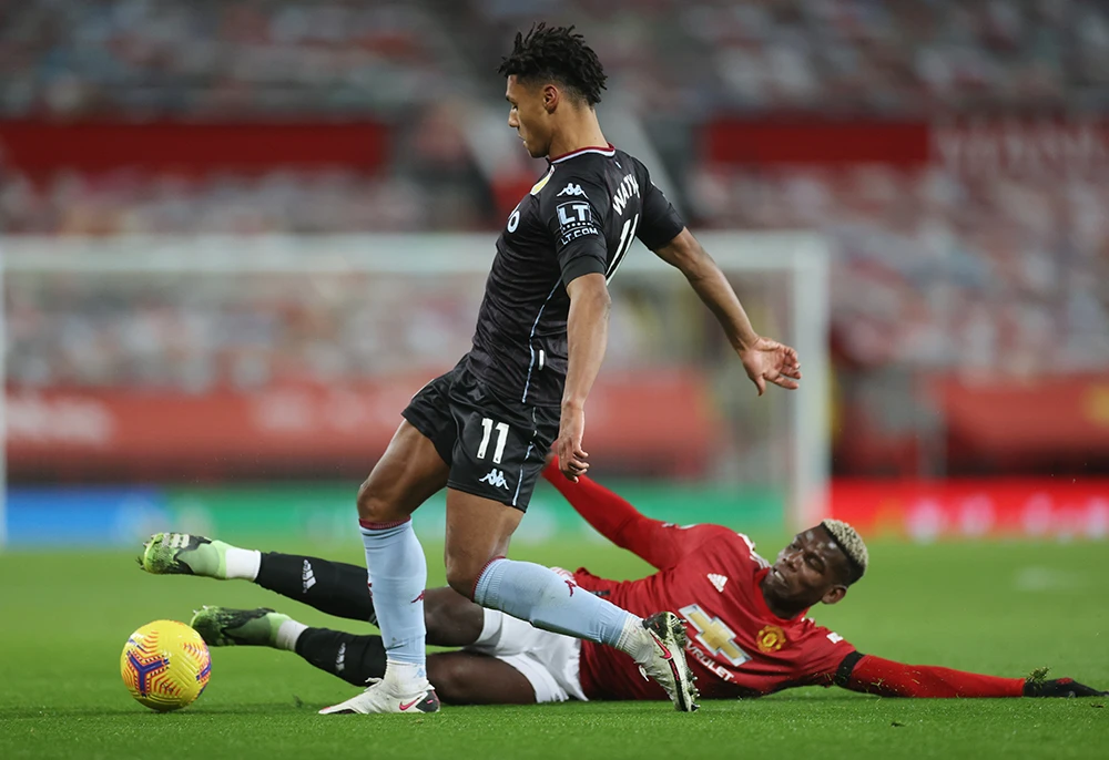 Aston Villa’s Ollie Watkins in action with Manchester United’s Paul Pogba during their Premier League match on Friday. (Reuters)