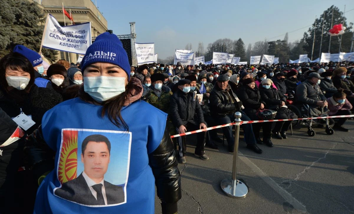 Supporters of Kyrgyz presidential candidate Sadyr Japarov attend a rally in Bishkek on January 8, 2021. (AFP)