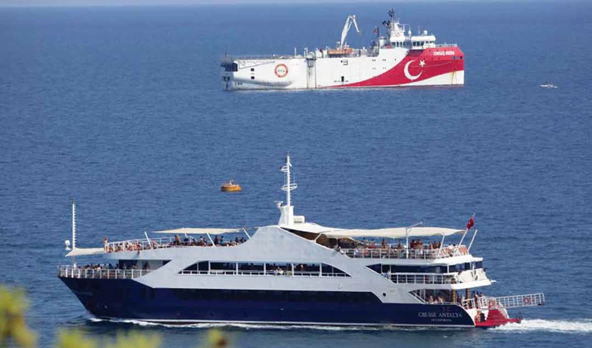 Turkey’s research vessel, Oruc Reis, rear, anchored off the coast of Antalya on the Mediterranean. Ankara and Athens are set to revive talks on territorial disputes. (AP)