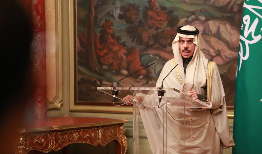 Saudi Arabia’s Foreign Minister Prince Faisal bin Farhan held a joint press conference with his Russian counterpart, Sergey Lavrov, in Moscow during an official visit to Russia on Jan. 14 2021. (Photo courtesy: Saudi Arabia's Foreign Ministry/Twitter)