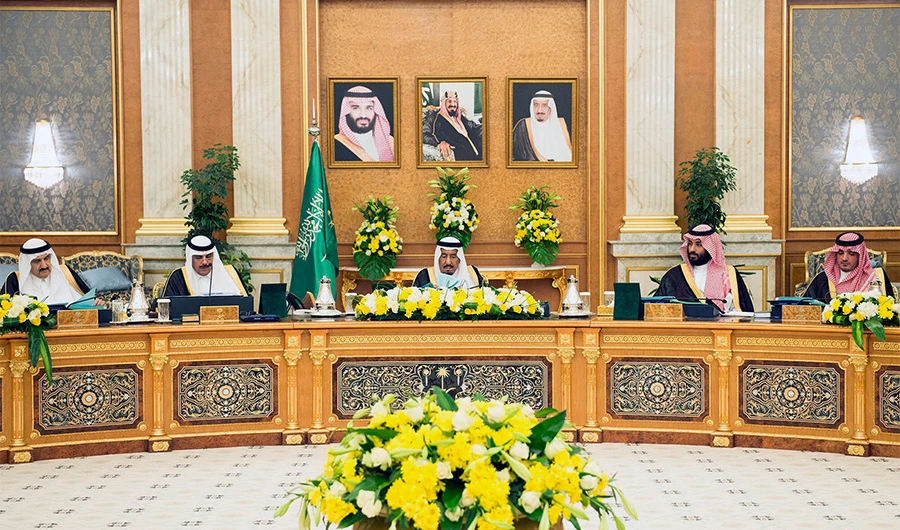A handout picture provided by the Saudi Royal Palace on July 10, 2017 shows King Salman bin Abdulaziz (C) chairing a cabinet meeting, accompanied by Crown Prince Mohammed bin Salman (C-R), at Al-Safa palace in the holy Muslim city of Mecca in western Saudi Arabia. (AFP/File)