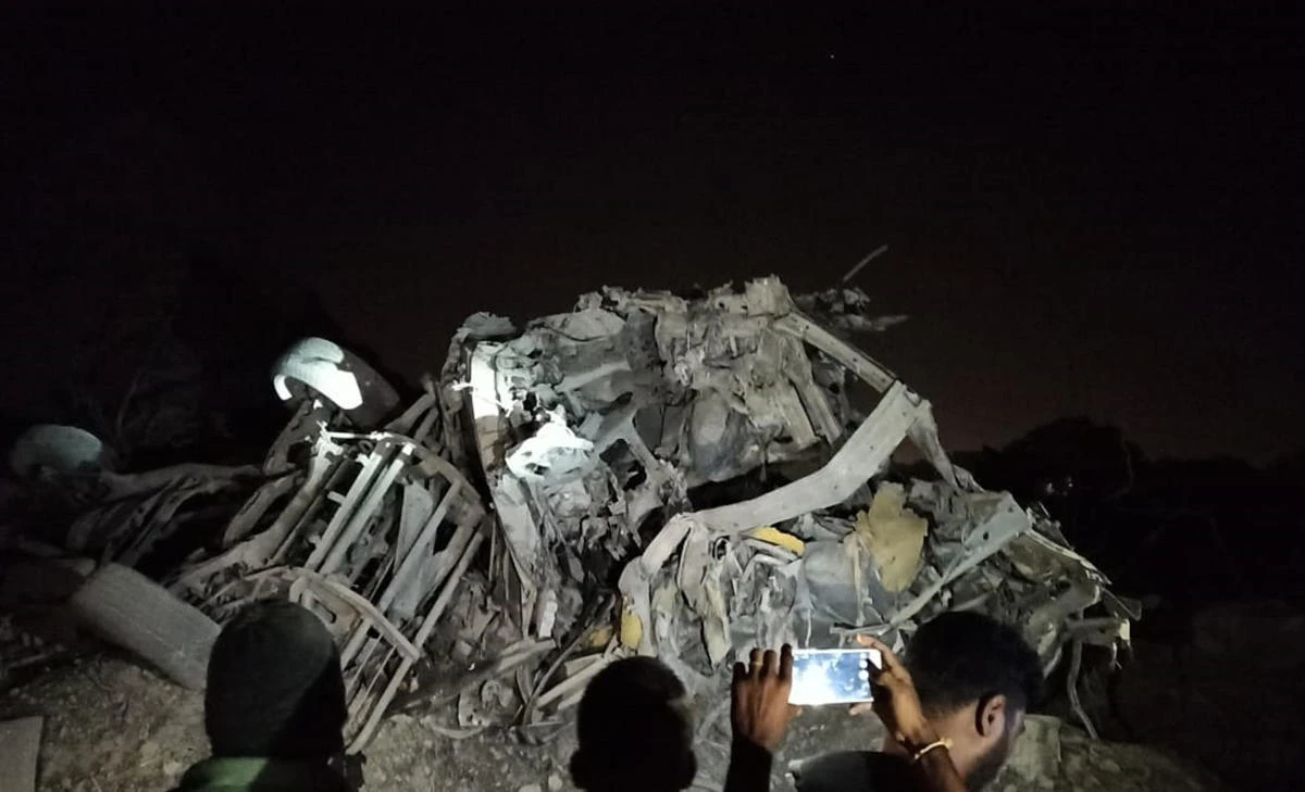 Above, the remains of a truck carrying explosives that detonated in Shivamogga southeast of Bengaluru, India on Jan. 22, 2021. (Bangalore News Photo via AP)
