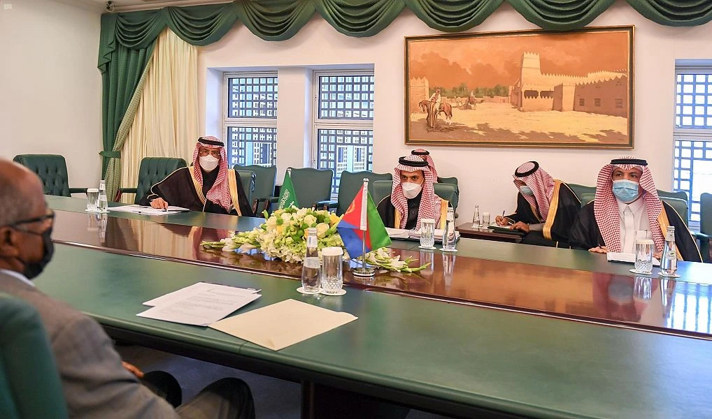 Saudi Arabia’s Foreign Minister Prince Faisal bin Farhan and his Eritrean counterpart, Osman Saleh Mohammed, hold a meeting at the ministry in the capital Riyadh on Tuesday, Jan. 26, 2021. (SPA)